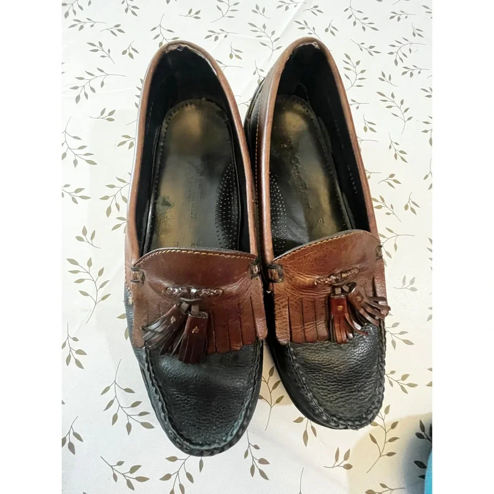 Cole Haan Country Mens 10 M Two Tone Leather Kiltie Tassel Loafers Black Brown